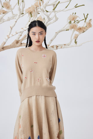 Women's knit cashmere hand-embroidered top